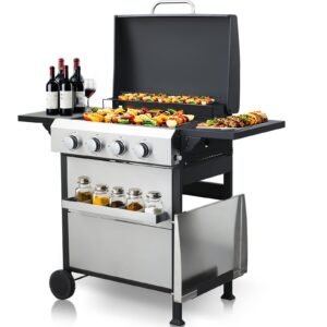 4-Burner Flat Top Propane Gas Grill Stainless Steel Griddle Combo with Foldable Side Table, 49,200 BTU Outdoor BBQ Grill, Porcelain-Enameled Cast Iron Grids, for Backyard, Patio Cooking