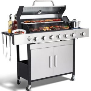 6-Burner Propane Gas BBQ Grill with Side Burner & Warming Rack, Stainless Steel Gas Grill with 66,000 BTUs Output for Outdoor,Camping,Barbecue Grilling & Backyard Cooking(6+1Bumer)