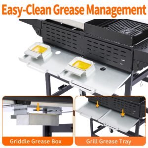 2-in-1 Propane Griddle Grill Combo 38200 BTU, 4-Burner Propane Gas Grill with 2 Foldable Side Tables for Outdoor Cooking Camping Patio Backyard (Grill + Griddle)