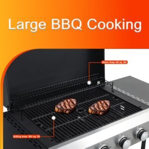 4-Burner Flat Top Propane Gas Grill Stainless Steel Griddle Combo with Foldable Side Table, 49,200 BTU Outdoor BBQ Grill, Porcelain-Enameled Cast Iron Grids, for Backyard, Patio Cooking