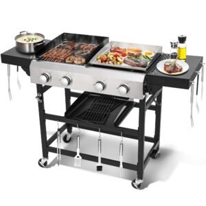 2-in-1 Propane Griddle Grill Combo 38200 BTU, 4-Burner Propane Gas Grill with 2 Foldable Side Tables for Outdoor Cooking Camping Patio Backyard (Grill + Griddle)