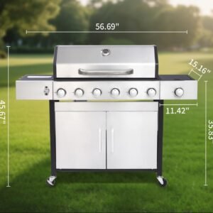 6-Burner Propane Gas BBQ Grill with Side Burner & Warming Rack, Stainless Steel Gas Grill with 66,000 BTUs Output for Outdoor,Camping,Barbecue Grilling & Backyard Cooking(6+1Bumer)