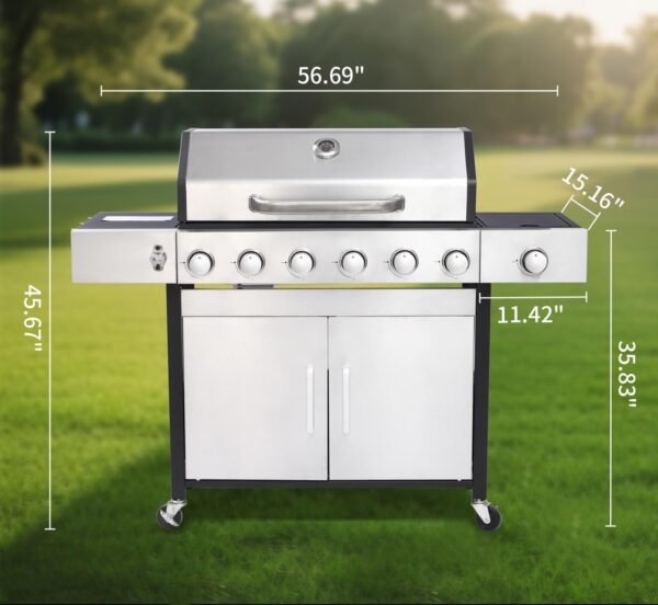 6-Burner Propane Gas BBQ Grill with Side Burner & Warming Rack, Stainless Steel Gas Grill with 66,000 BTUs Output for Outdoor,Camping,Barbecue Grilling & Backyard Cooking(6+1Bumer) - Image 5