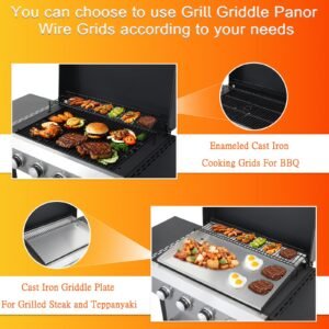 4-Burner Flat Top Propane Gas Grill Stainless Steel Griddle Combo with Foldable Side Table, 49,200 BTU Outdoor BBQ Grill, Porcelain-Enameled Cast Iron Grids, for Backyard, Patio Cooking
