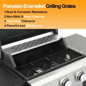 3-Burner Propane Gas Grill with 2 Foldable Side Tables 25,650 BTU Outdoor BBQ Grill with Porcelain-Enameled Flame Tamers Built-in Thermometer Easy Assembly for Patio Backyard BBQ