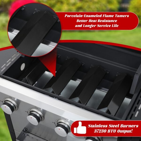 4-Burner Propane Gas Grill with 2 Foldable Side Tables, 34,200 BTU Outdoor BBQ Grill with Porcelain-Enameled Flame Tamers, Built-in Thermometer, Easy Assembly for Patio, Backyard BBQ - Image 4