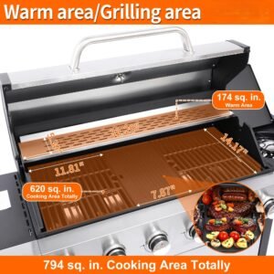 6-Burner Propane Gas BBQ Grill with Side Burner & Warming Rack, Stainless Steel Gas Grill with 66,000 BTUs Output for Outdoor,Camping,Barbecue Grilling & Backyard Cooking(6+1Bumer)