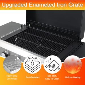 4-Burner Flat Top Propane Gas Grill Stainless Steel Griddle Combo with Foldable Side Table, 49,200 BTU Outdoor BBQ Grill, Porcelain-Enameled Cast Iron Grids, for Backyard, Patio Cooking