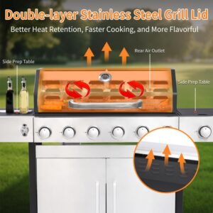 6-Burner Propane Gas BBQ Grill with Side Burner & Warming Rack, Stainless Steel Gas Grill with 66,000 BTUs Output for Outdoor,Camping,Barbecue Grilling & Backyard Cooking(6+1Bumer)