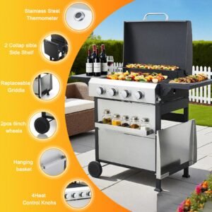 4-Burner Flat Top Propane Gas Grill Stainless Steel Griddle Combo with Foldable Side Table, 49,200 BTU Outdoor BBQ Grill, Porcelain-Enameled Cast Iron Grids, for Backyard, Patio Cooking