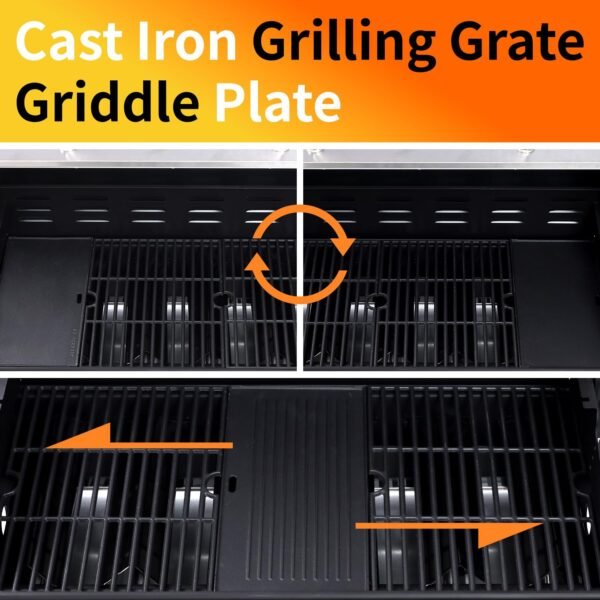 6-Burner Propane Gas BBQ Grill with Side Burner & Warming Rack, Stainless Steel Gas Grill with 66,000 BTUs Output for Outdoor,Camping,Barbecue Grilling & Backyard Cooking(6+1Bumer) - Image 7