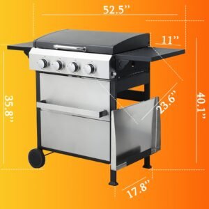 4-Burner Flat Top Propane Gas Grill Stainless Steel Griddle Combo with Foldable Side Table, 49,200 BTU Outdoor BBQ Grill, Porcelain-Enameled Cast Iron Grids, for Backyard, Patio Cooking