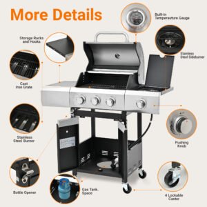 3-Burner Propane Gas Grill with Side Burner, 40,500 BTU Stainless Steel BBQ - Easy Assembly & Grease Management for Patio, Backyard, Camping (3+1Burner )