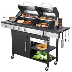 Gas and Charcoal Grill Combo with Side Burner Dual-sided Frying Plate Thermometer Wheels Side Table 37,230BTU Gas Grill for Patio Garden