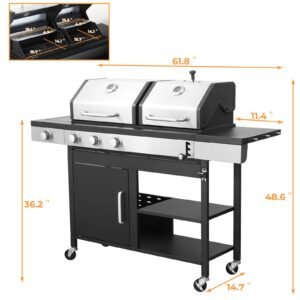 Gas and Charcoal Grill Combo with Side Burner Dual-sided Frying Plate Thermometer Wheels Side Table 37,230BTU Gas Grill for Patio Garden