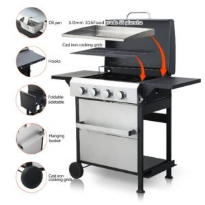 4-Burner Flat Top Propane Gas Grill Stainless Steel Griddle Combo with Foldable Side Table, 49,200 BTU Outdoor BBQ Grill, Porcelain-Enameled Cast Iron Grids, for Backyard, Patio Cooking