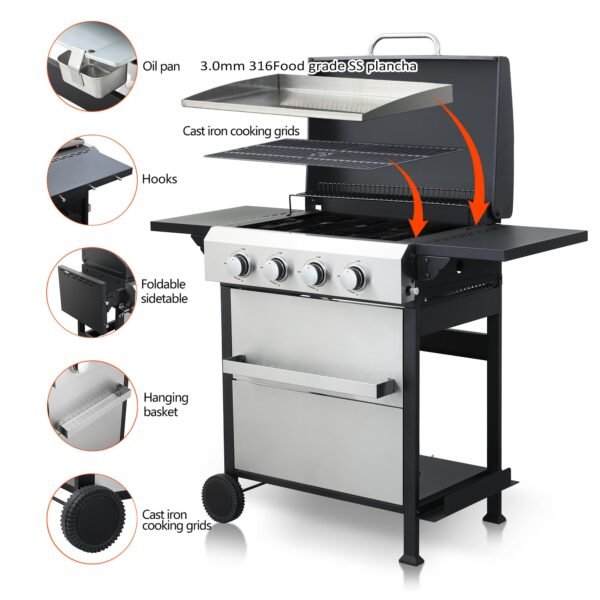 4-Burner Flat Top Propane Gas Grill Stainless Steel Griddle Combo with Foldable Side Table, 49,200 BTU Outdoor BBQ Grill, Porcelain-Enameled Cast Iron Grids, for Backyard, Patio Cooking - Image 10