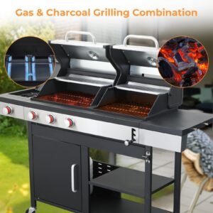 Gas and Charcoal Grill Combo with Side Burner Dual-sided Frying Plate Thermometer Wheels Side Table 37,230BTU Gas Grill for Patio Garden