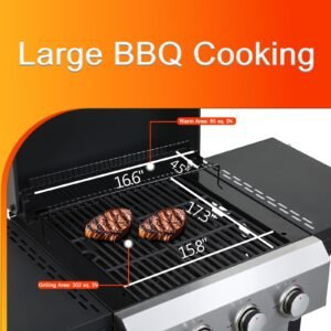 3-Burner Flat Top Propane Gas Grill Stainless Steel Griddle Combo with Foldable Side Table, 36,900 BTU Outdoor BBQ Grill, Porcelain-Enameled Cast Iron Grids, for Backyard, Patio Cooking