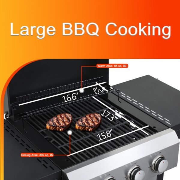 3-Burner Flat Top Propane Gas Grill Stainless Steel Griddle Combo with Foldable Side Table, 36,900 BTU Outdoor BBQ Grill, Porcelain-Enameled Cast Iron Grids, for Backyard, Patio Cooking - Image 3
