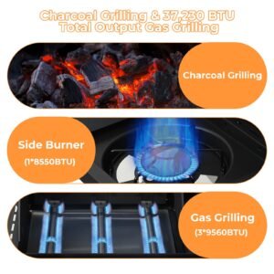 Gas and Charcoal Grill Combo with Side Burner Dual-sided Frying Plate Thermometer Wheels Side Table 37,230BTU Gas Grill for Patio Garden