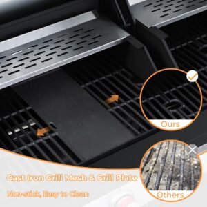 Gas and Charcoal Grill Combo with Side Burner Dual-sided Frying Plate Thermometer Wheels Side Table 37,230BTU Gas Grill for Patio Garden