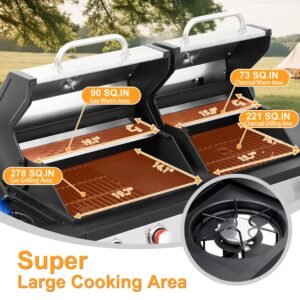 Gas and Charcoal Grill Combo with Side Burner Dual-sided Frying Plate Thermometer Wheels Side Table 37,230BTU Gas Grill for Patio Garden