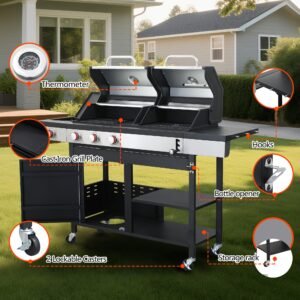 Gas and Charcoal Grill Combo with Side Burner Dual-sided Frying Plate Thermometer Wheels Side Table 37,230BTU Gas Grill for Patio Garden