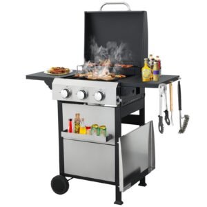 3-Burner Flat Top Propane Gas Grill Stainless Steel Griddle Combo with Foldable Side Table, 36,900 BTU Outdoor BBQ Grill, Porcelain-Enameled Cast Iron Grids, for Backyard, Patio Cooking