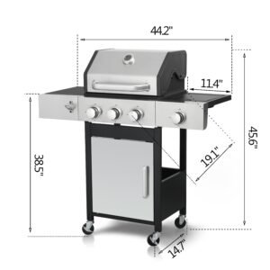 3-Burner Propane Gas BBQ Grill, Stainless Steel Propane Grill  37,230 BTU Outdoor Cabinet Style with Wheels, Wire Rack and Two Foldable Side Table for Outdoor Barbecue Cooking (4 Burner Grill)