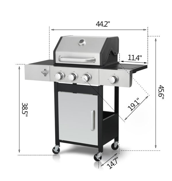 3-Burner Propane Gas BBQ Grill, Stainless Steel Propane Grill  37,230 BTU Outdoor Cabinet Style with Wheels, Wire Rack and Two Foldable Side Table for Outdoor Barbecue Cooking (4 Burner Grill) - Image 5