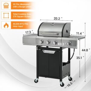 3-Burner Propane Gas Grill with Side Burner, 40,500 BTU Stainless Steel BBQ - Easy Assembly & Grease Management for Patio, Backyard, Camping (3+1Burner )