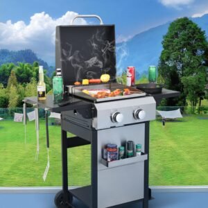 2 Burner Propane Gas Grill Flat Top BBQ Grill with Foldable Side Table SS Plancha 24600 BTU Outdoor Barbecue Grills with Replaceable Griddle and Wire Enamel Grids Gauge Auto Ignition for Teppanyaki