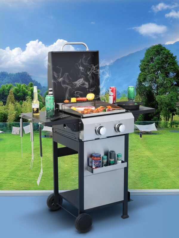 2 Burner Propane Gas Grill Flat Top BBQ Grill with Foldable Side Table SS Plancha 24600 BTU Outdoor Barbecue Grills with Replaceable Griddle and Wire Enamel Grids Gauge Auto Ignition for Teppanyaki - Image 8