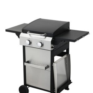 2 Burner Propane Gas Grill Flat Top BBQ Grill with Foldable Side Table SS Plancha 24600 BTU Outdoor Barbecue Grills with Replaceable Griddle and Wire Enamel Grids Gauge Auto Ignition for Teppanyaki