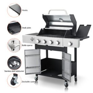 4-Burner Propane Gas BBQ Grill, Stainless Steel Propane Grill 46,790 BTU Outdoor Cabinet Style with Wheels, Wire Rack and Two Foldable Side Table for Outdoor Barbecue Cooking (5-Burner Grill)