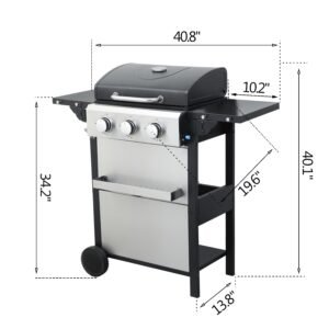 3-Burner Propane Gas Grill with 2 Foldable Side Tables 25,650 BTU Outdoor BBQ Grill with Porcelain-Enameled Flame Tamers Built-in Thermometer Easy Assembly for Patio Backyard BBQ