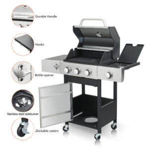 3-Burner Propane Gas BBQ Grill, Stainless Steel Propane Grill  37,230 BTU Outdoor Cabinet Style with Wheels, Wire Rack and Two Foldable Side Table for Outdoor Barbecue Cooking (4 Burner Grill)