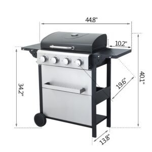 4-Burner Propane Gas Grill with 2 Foldable Side Tables, 34,200 BTU Outdoor BBQ Grill with Porcelain-Enameled Flame Tamers, Built-in Thermometer, Easy Assembly for Patio, Backyard BBQ