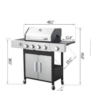 4-Burner Propane Gas BBQ Grill, Stainless Steel Propane Grill 46,790 BTU Outdoor Cabinet Style with Wheels, Wire Rack and Two Foldable Side Table for Outdoor Barbecue Cooking (5-Burner Grill)