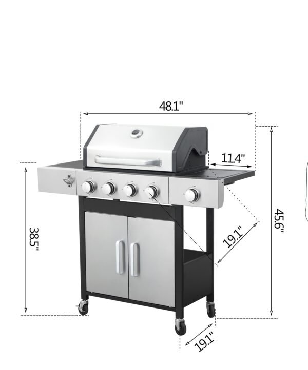4-Burner Propane Gas BBQ Grill, Stainless Steel Propane Grill 46,790 BTU Outdoor Cabinet Style with Wheels, Wire Rack and Two Foldable Side Table for Outdoor Barbecue Cooking (5-Burner Grill) - Image 2