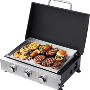 3-Burner Propane Gas Grill & Griddle Combo - 28680 BTU Tabletop Teppanyaki Grill with Cast Iron Surface & Enameled Body  Portable Outdoor Cookstation for Camping Tailgating Barbecue