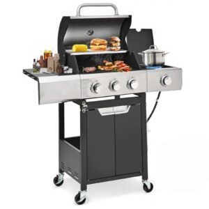 3-Burner Propane Gas Grill with Side Burner, 40,500 BTU Stainless Steel BBQ - Easy Assembly & Grease Management for Patio, Backyard, Camping (3+1Burner )