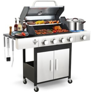 4-Burner Propane Gas BBQ Grill, Stainless Steel Propane Grill 46,790 BTU Outdoor Cabinet Style with Wheels, Wire Rack and Two Foldable Side Table for Outdoor Barbecue Cooking (5-Burner Grill)