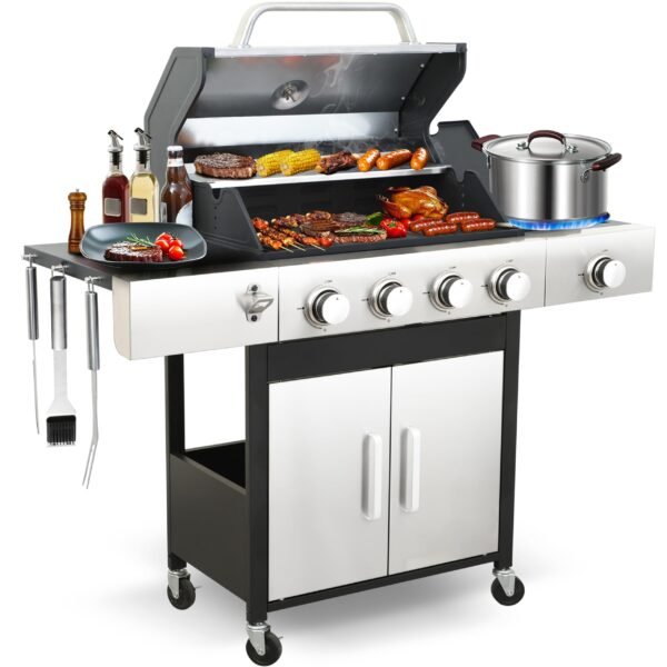 4-Burner Propane Gas BBQ Grill, Stainless Steel Propane Grill 46,790 BTU Outdoor Cabinet Style with Wheels, Wire Rack and Two Foldable Side Table for Outdoor Barbecue Cooking (5-Burner Grill)