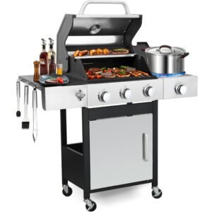 3-Burner Propane Gas BBQ Grill, Stainless Steel Propane Grill  37,230 BTU Outdoor Cabinet Style with Wheels, Wire Rack and Two Foldable Side Table for Outdoor Barbecue Cooking (4 Burner Grill)