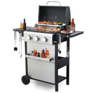 3-Burner Propane Gas Grill with 2 Foldable Side Tables 25,650 BTU Outdoor BBQ Grill with Porcelain-Enameled Flame Tamers Built-in Thermometer Easy Assembly for Patio Backyard BBQ