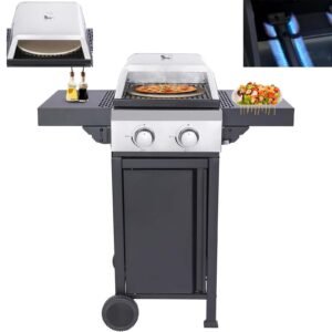 2-Burner Propane Gas BBQ Grill with Wire Enamel Cooking Grids & Pizza Box 24,600 BTU Output Stainless Steel Grill with Foldable Side Table for Outdoor Backyard Barbecue