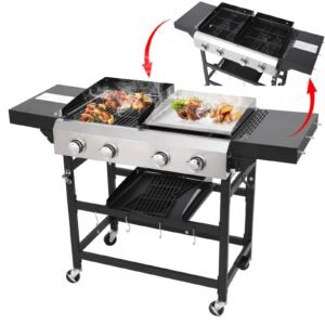 2-in-1 Propane Griddle Grill Combo 38200 BTU, 4-Burner Propane Gas Grill with 2 Foldable Side Tables for Outdoor Cooking Camping Patio Backyard (Grill + Griddle)