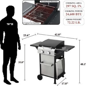 2 Burner Propane Gas Grill Flat Top BBQ Grill with Foldable Side Table SS Plancha 24600 BTU Outdoor Barbecue Grills with Replaceable Griddle and Wire Enamel Grids Gauge Auto Ignition for Teppanyaki